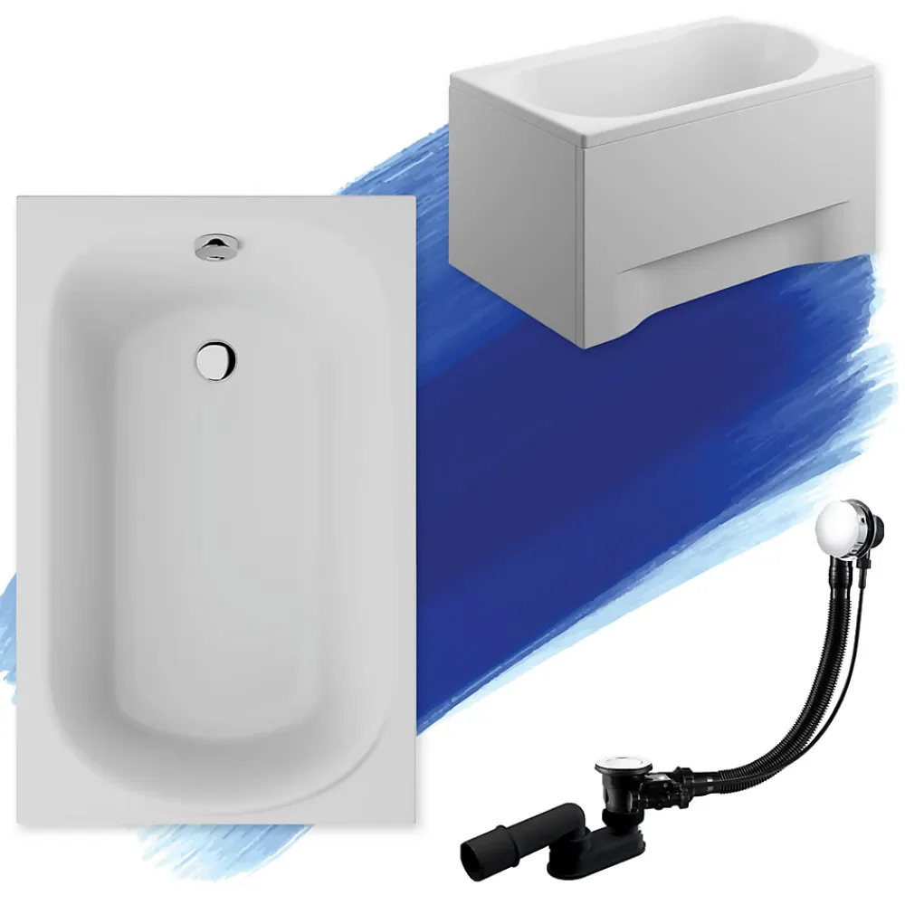 Baignoire D'Angle|Badland Baignoire rectangulaire 110 x 70 MINI acrylique blanc + avec Tablier + Pieds + Vidage à chromé