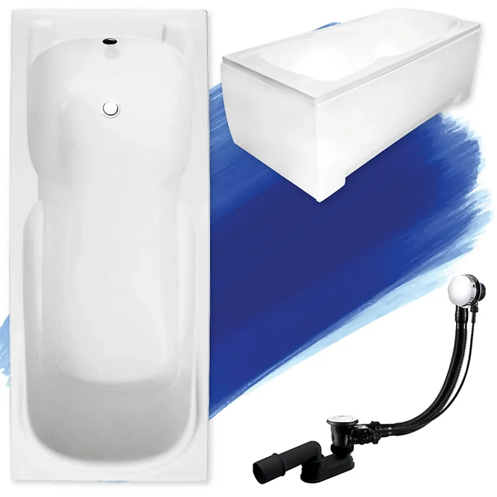 Baignoire D'Angle|Badland Baignoire rectangulaire 140 x 70 MAJKA acrylique blanc + avec Tablier + Pieds + Vidage à chromé