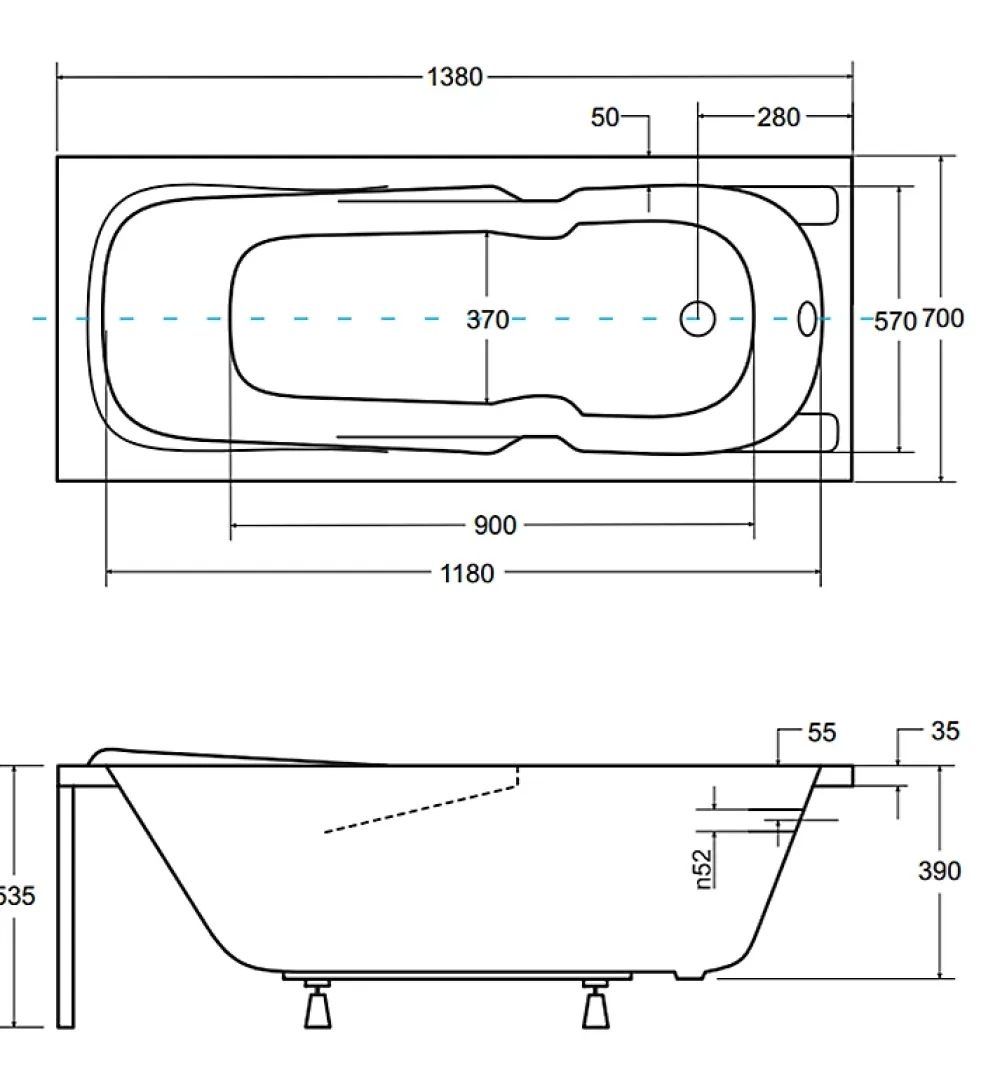 Baignoire D'Angle|Badland Baignoire rectangulaire 140 x 70 MAJKA acrylique blanc + avec Tablier + Pieds + Vidage à chromé