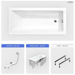 Baignoire Droite|Besco Baignoire rectangulaire - 170 x 70 cm - avec Habillage - Pieds - Vidage Chrome - MODERN