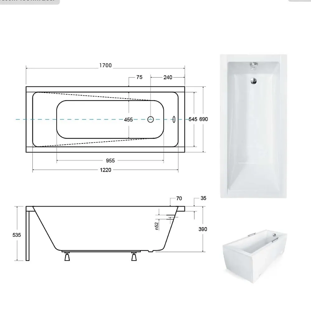 Baignoire Droite|Besco Baignoire rectangulaire - 170 x 70 cm - avec Habillage - Pieds - Vidage Chrome - MODERN