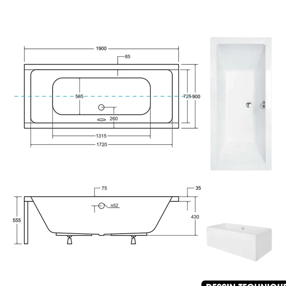 Baignoire Droite|Besco Baignoire rectangulaire - avec Tablier Noir Mat et Repose Tête OFFERT - QUADRO - 190 x 90 cm