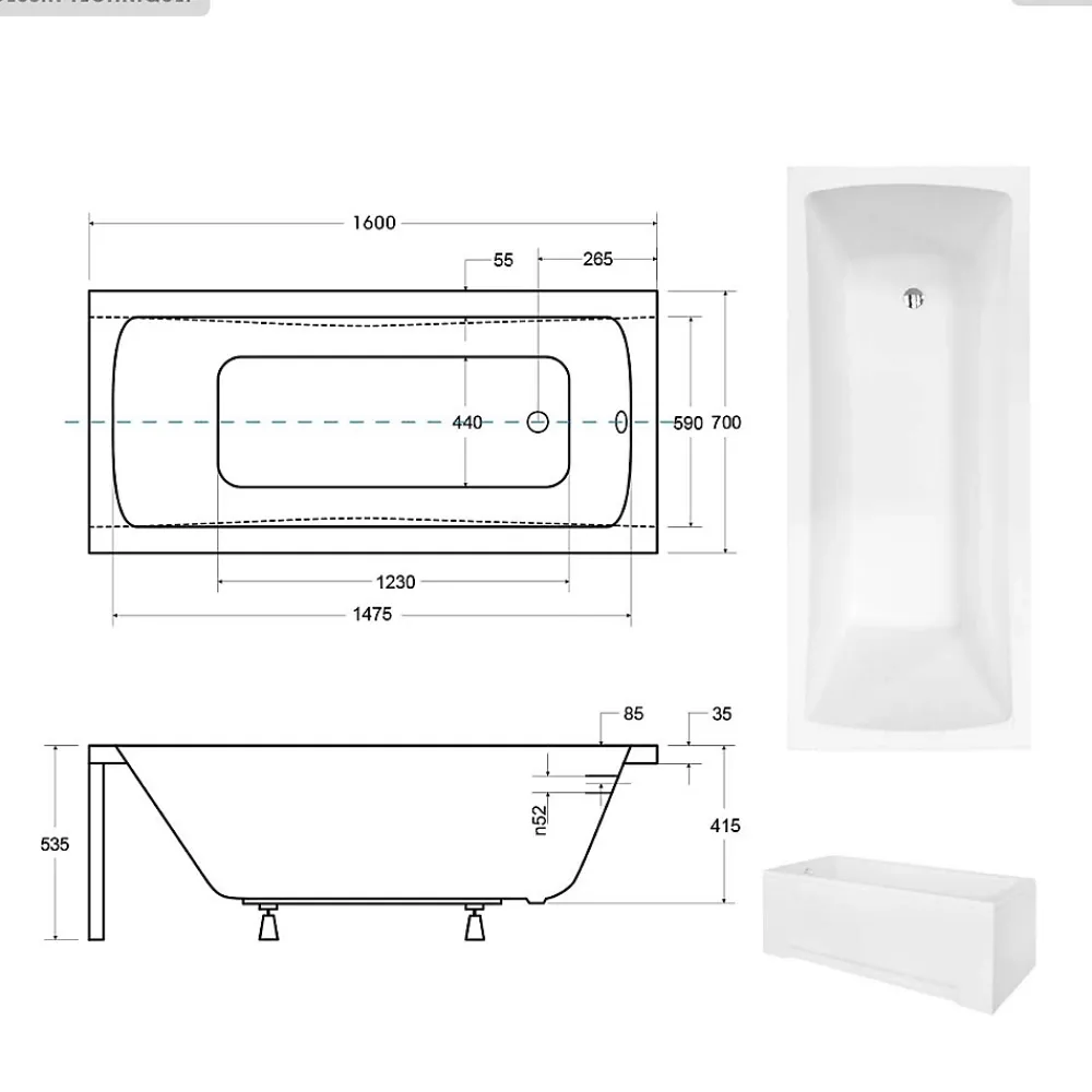 Besco Baignoire rectangulaire - 160 x 70 cm - avec Habillage - Pieds - Vidage Chrome - OPTIMA