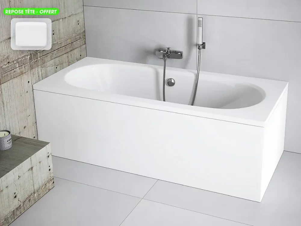 Baignoire Droite|Besco Baignoire rectangulaire - avec Tablier Blanc et Repose Tête OFFERT - VITAE - 180 x 80 cm