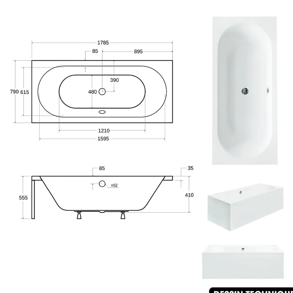 Baignoire Droite|Besco Baignoire rectangulaire - avec Tablier Blanc et Repose Tête OFFERT - VITAE - 180 x 80 cm