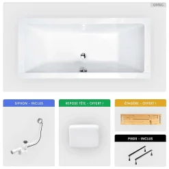 Baignoire Droite|Besco Baignoire rectangulaire - 190 x 90 cm - sans Habillage - avec Pieds - Repose-tête - Étagère bambou - Vidage Chrome - QUADRO