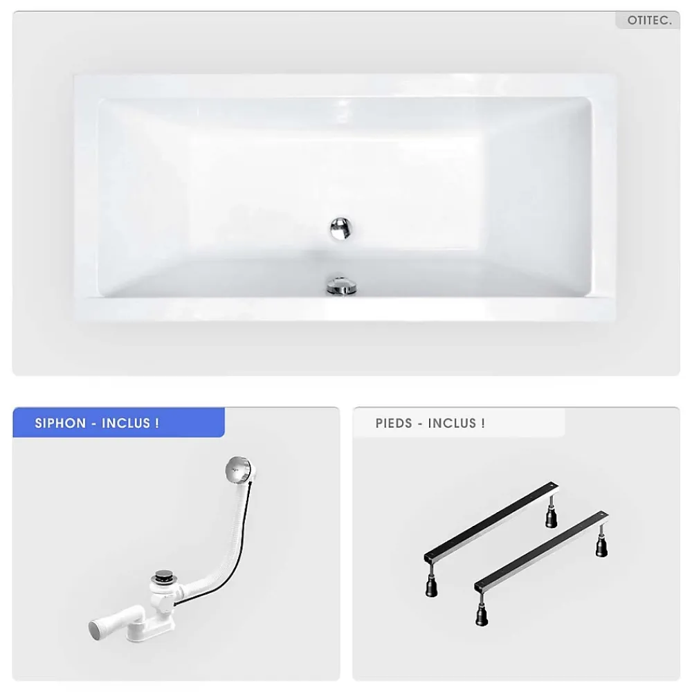 Baignoire Droite|Besco Baignoire rectangulaire - 170 x 75 cm - sans Habillage - avec Pieds - Vidage Chrome - QUADRO