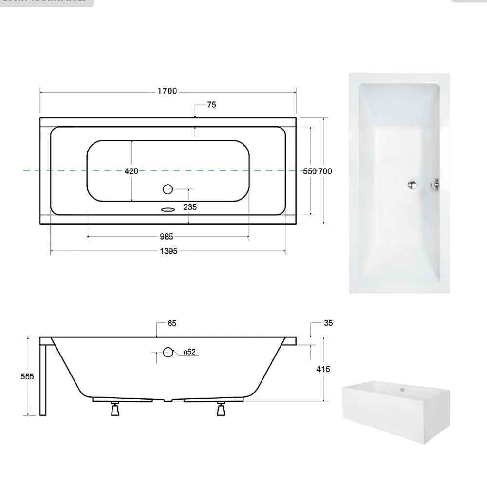 Baignoire Droite|Besco Baignoire rectangulaire - 170 x 75 cm - sans Habillage - avec Pieds - Vidage Chrome - QUADRO