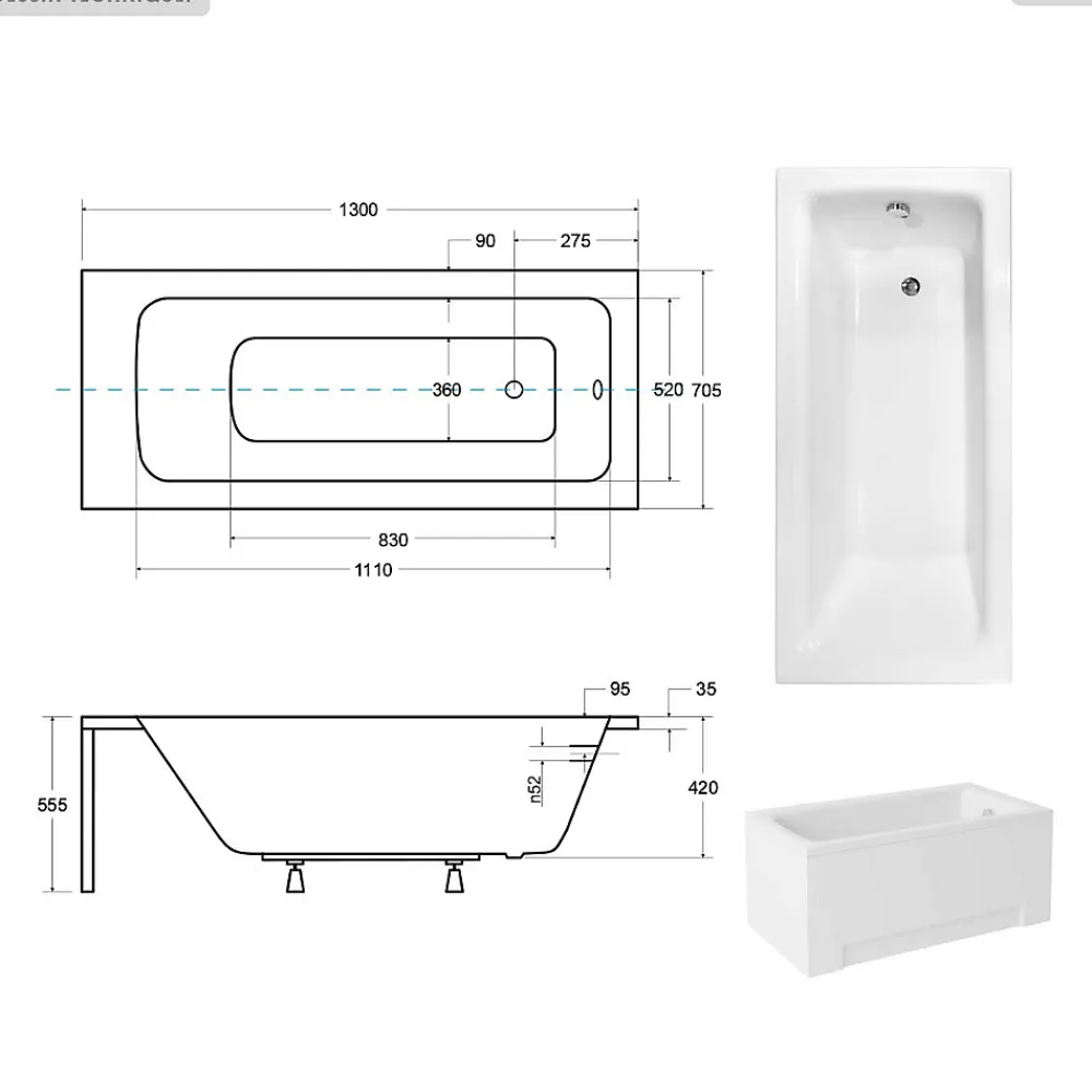 Besco Baignoire rectangulaire - 130 x 70 cm - avec Habillage - Pieds - Vidage Chrome - TALIA