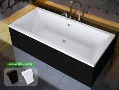 Besco Baignoire rectangulaire - avec Tablier Noir Mat et Repose Tête OFFERT - QUADRO - 170 x75 cm