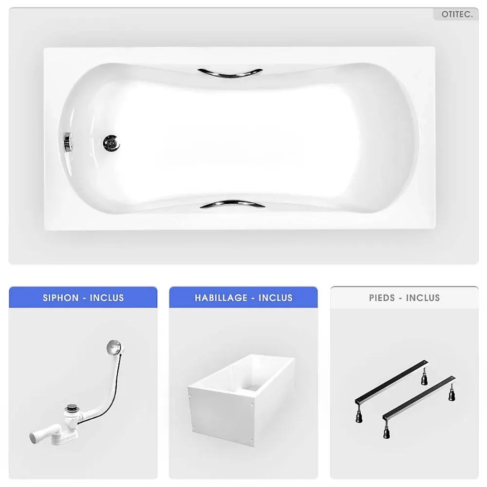 Baignoire Droite|Besco Baignoire rectangulaire - 140 x 70 cm - avec Habillage Polystyrène - Pieds - Poignées - Vidage Chrome - ARIA PLUS