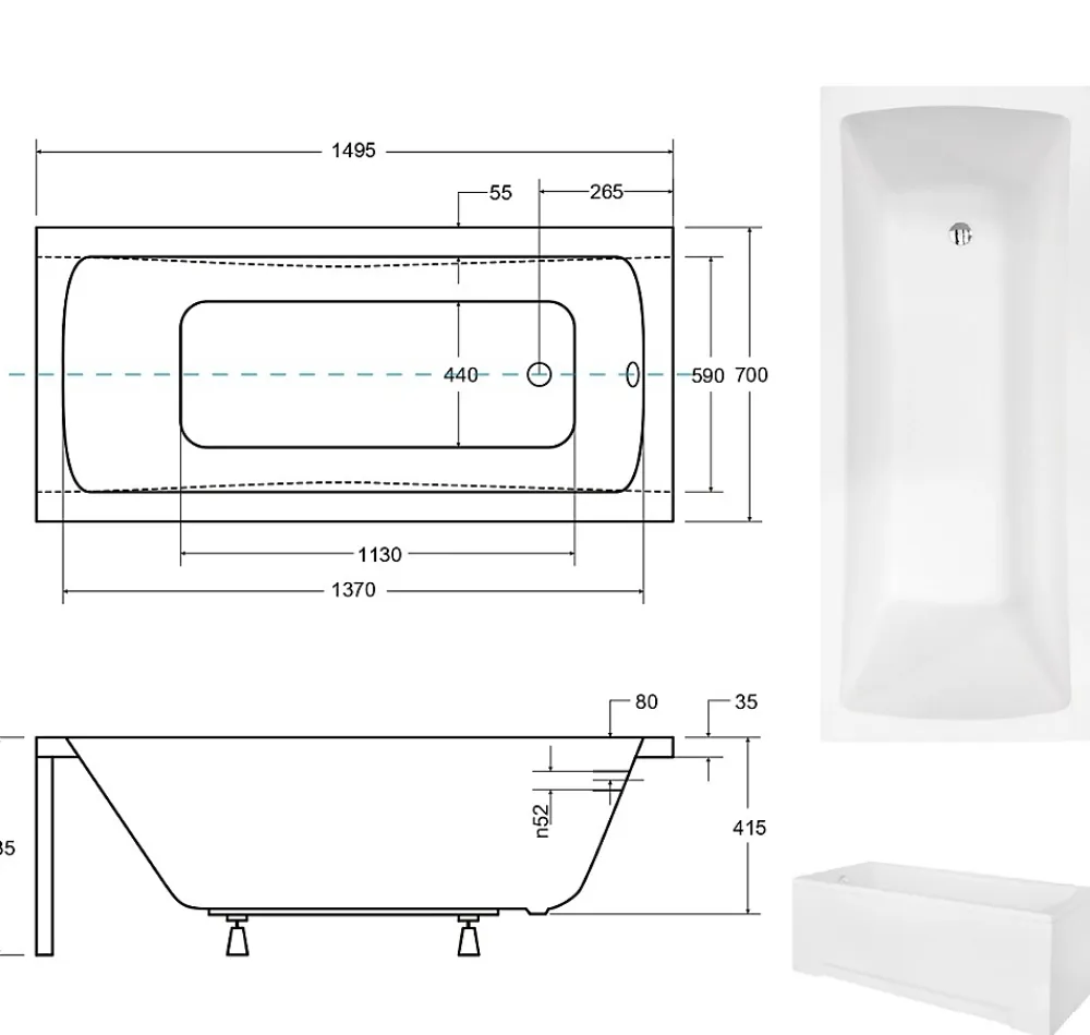 Besco Baignoire rectangulaire + tablier blanc + repose tête - OPTIMA - 150 x 70 cm