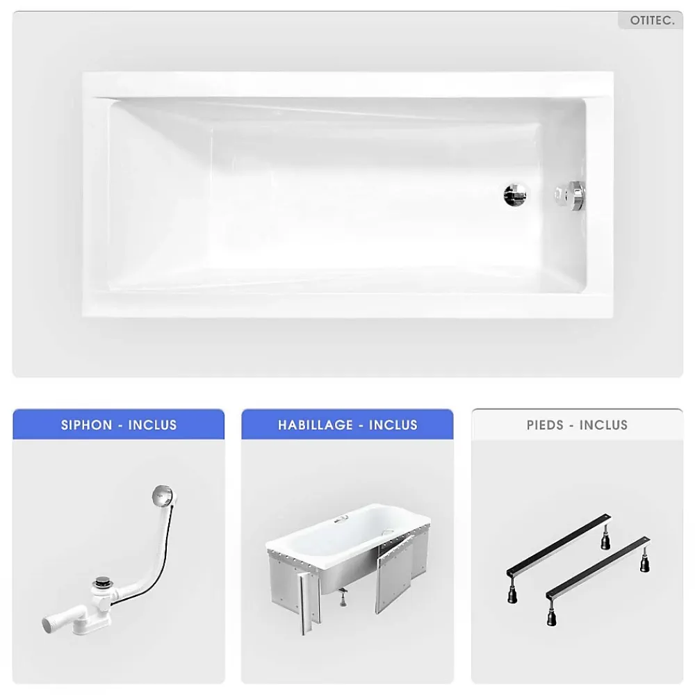 Baignoire Droite|Besco Baignoire rectangulaire - 130 x 70 cm - avec Habillage - Pieds - Vidage Chrome - MODERN