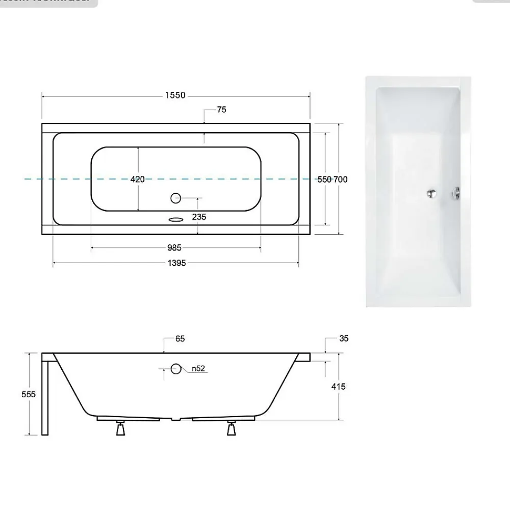 Baignoire Droite|Besco Baignoire rectangulaire - 155 x 70 cm - sans Habillage - avec Pieds - Vidage Chrome - QUADRO SLIM