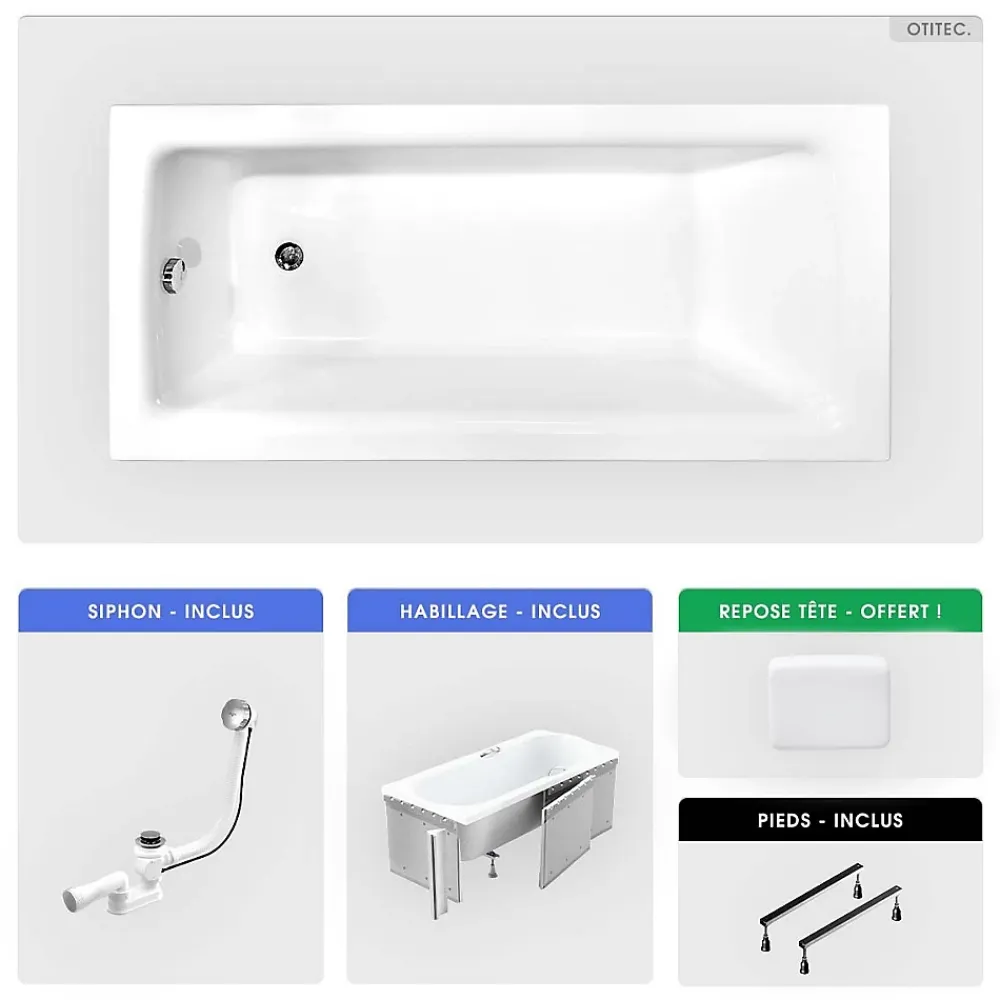 Besco Baignoire rectangulaire - 170 x 75 cm - avec Habillage - Pieds - Poignées - Repose-tête - Vidage Chrome - TALIA PREMIUM