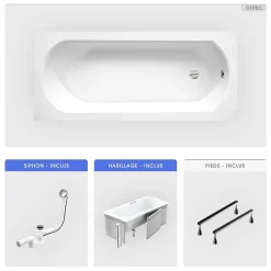 Baignoire Droite|Besco Baignoire rectangulaire - 170 x 75 cm - avec Habillage - Pieds - Vidage Chrome - INTRICA SLIM