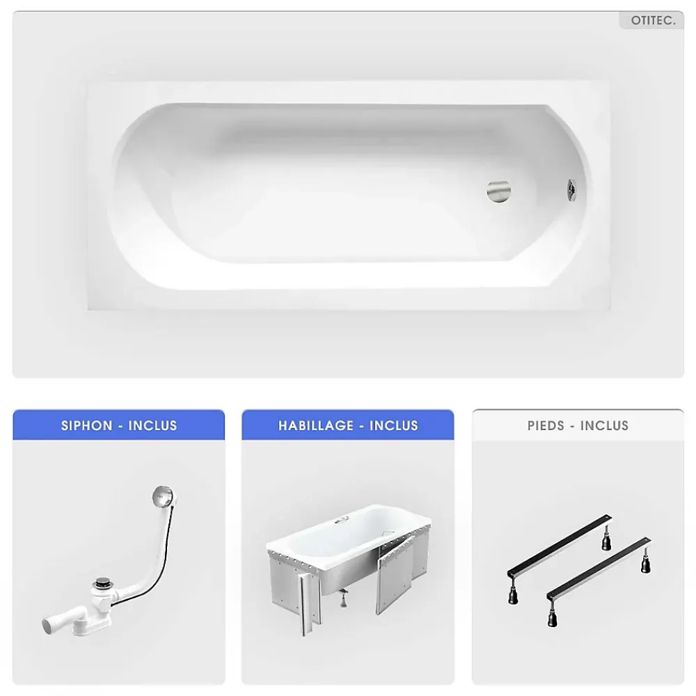 Baignoire Droite|Besco Baignoire rectangulaire - 170 x 75 cm - avec Habillage - Pieds - Vidage Chrome - INTRICA SLIM
