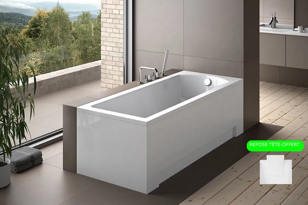 Baignoire Droite|Besco Baignoire rectangulaire + tablier blanc + repose tête - SHEA - 160 x 70 cm