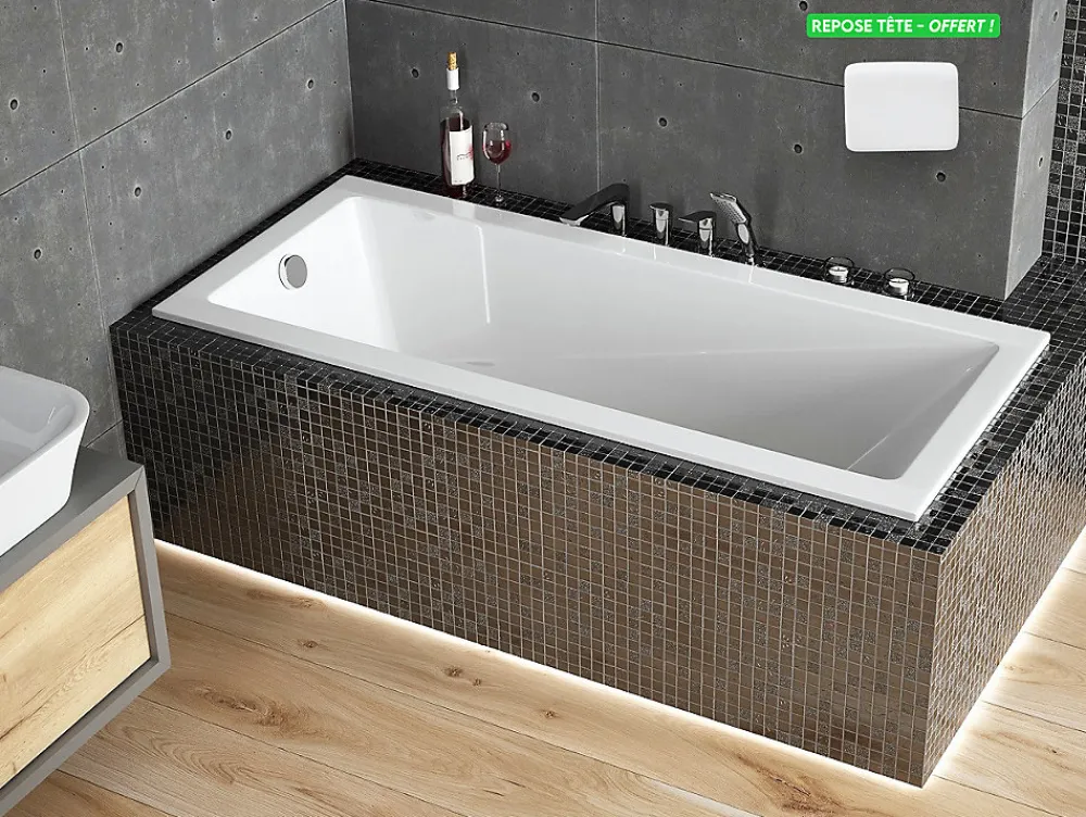 Besco Baignoire rectangulaire blanche à encastrer + repose tête - MODERN SLIM - 160 x 70 cm