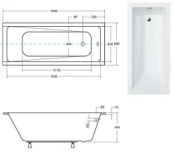 Besco Baignoire rectangulaire blanche à encastrer + repose tête - MODERN SLIM - 160 x 70 cm