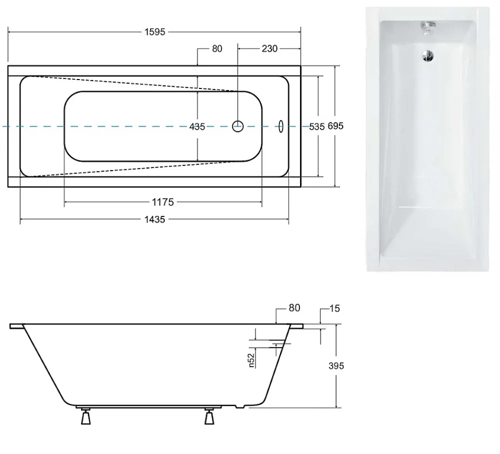 Besco Baignoire rectangulaire blanche à encastrer + repose tête - MODERN SLIM - 160 x 70 cm