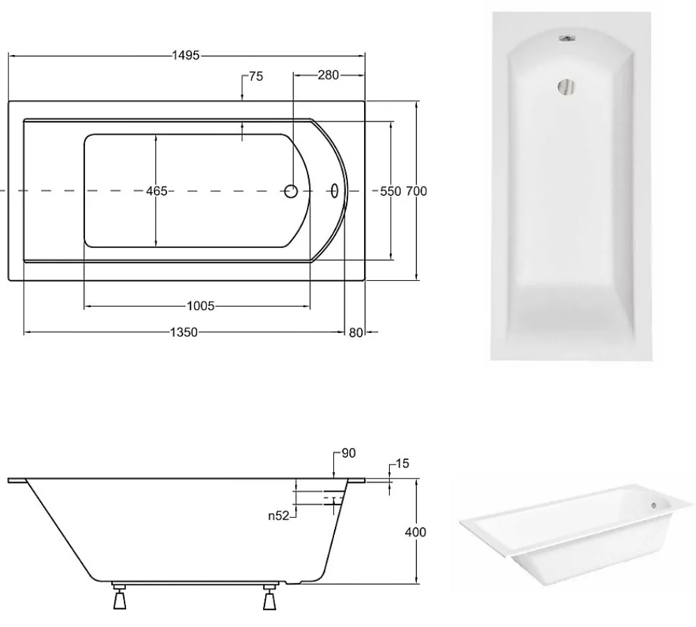 Besco Baignoire rectangulaire blanche à encastrer - SHEA SLIM - 150 x 70 cm