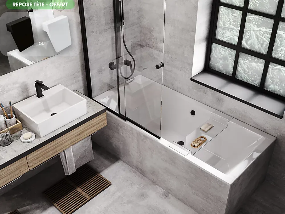 Baignoire Droite|Besco Baignoire rectangulaire blanc à encastrer - Repose Tête OFFERT - QUADRO SLIM - 190 x 90 cm