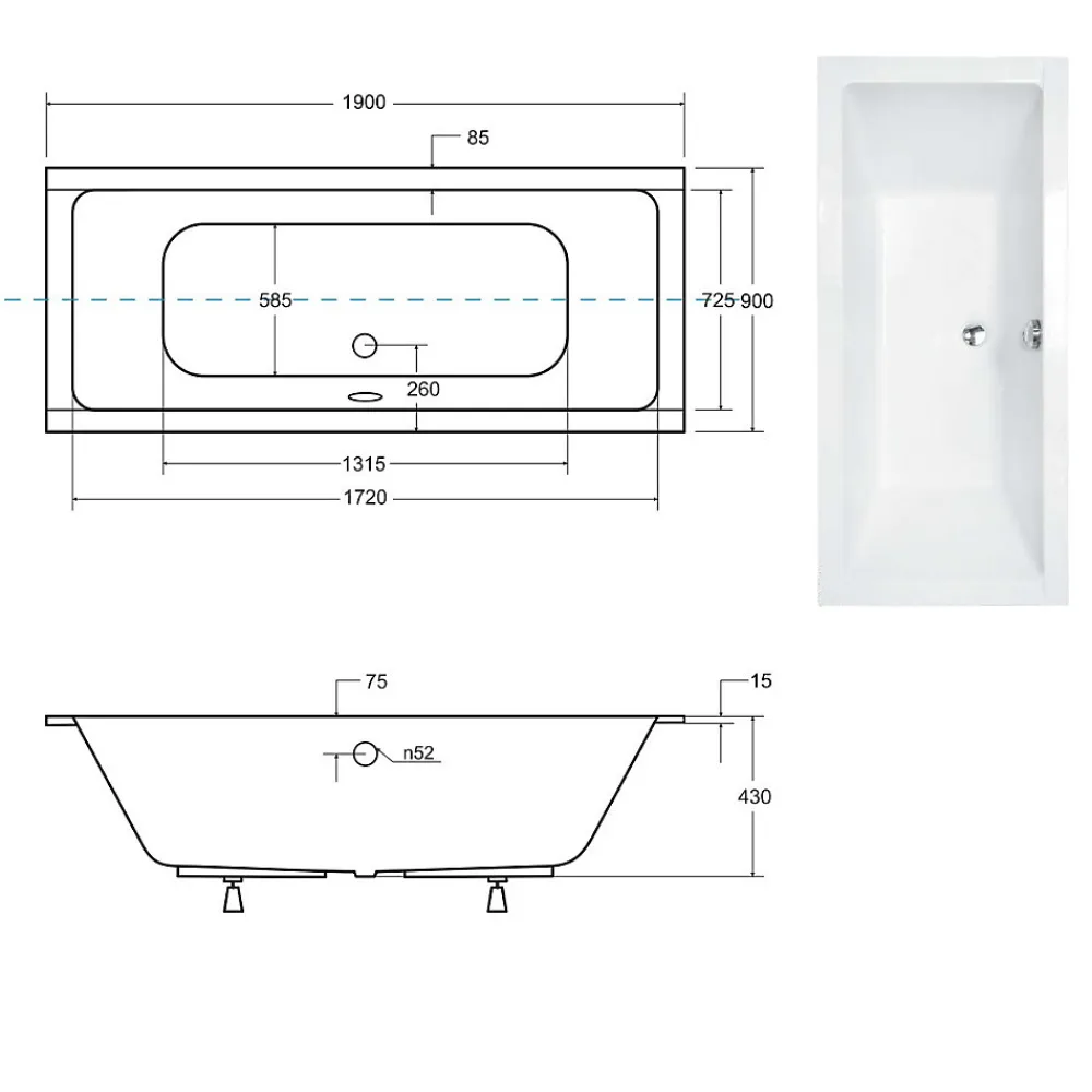 Baignoire Droite|Besco Baignoire rectangulaire blanc à encastrer - Repose Tête OFFERT - QUADRO SLIM - 190 x 90 cm