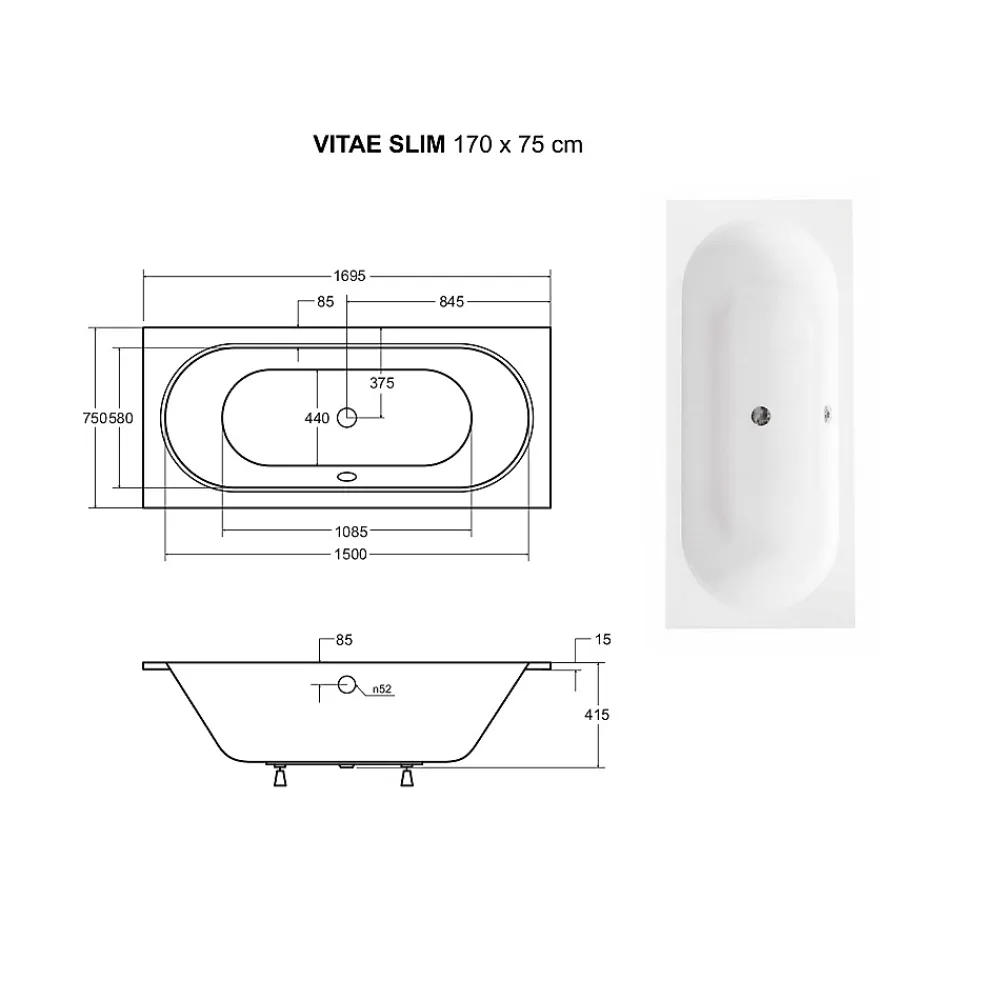 Besco Baignoire rectangulaire blanche à encastrer + repose tête - 170 x 75 cm - VITAE SLIM
