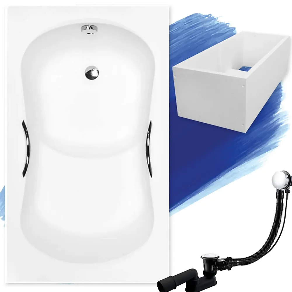 Baignoire D'Angle|Badland Baignoire rectangulaire 120x70 ARIA REHAB acrylique blanc + Support stabilisateur en polystyrène + Poignées +Pieds+Vidage à chromé