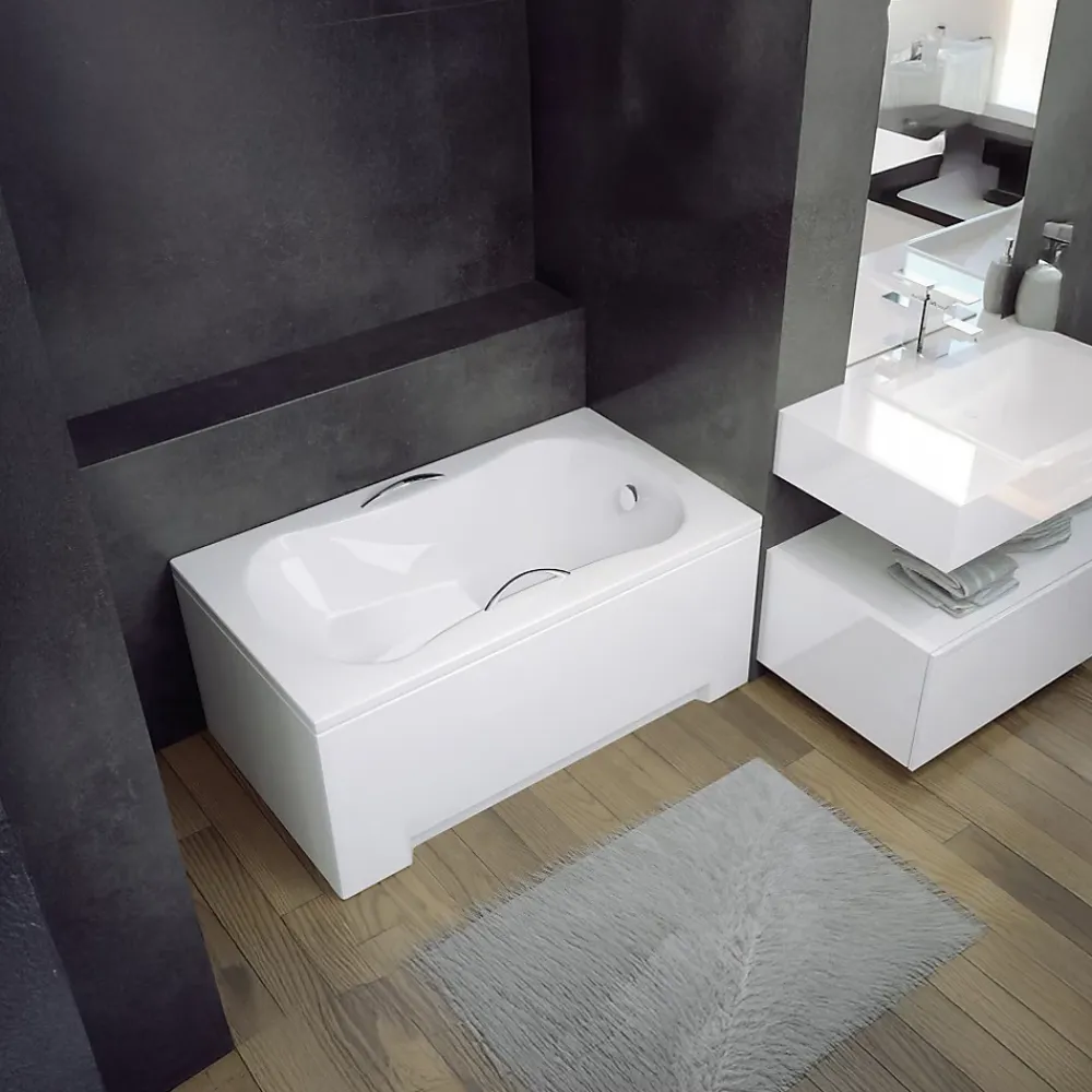 Baignoire D'Angle|Badland Baignoire rectangulaire 120x70 ARIA REHAB acrylique blanc + Support stabilisateur en polystyrène + Poignées +Pieds+Vidage à chromé