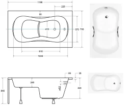 Baignoire D'Angle|Badland Baignoire rectangulaire 120x70 ARIA REHAB acrylique blanc + Support stabilisateur en polystyrène + Poignées +Pieds+Vidage à chromé
