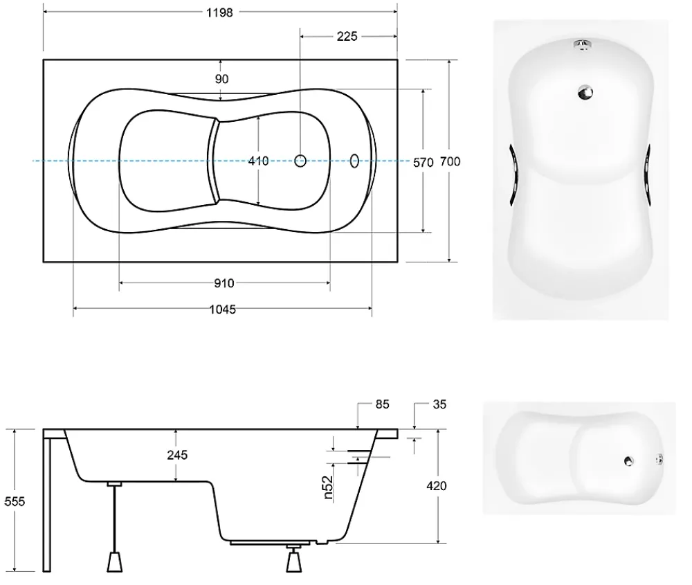 Baignoire D'Angle|Badland Baignoire rectangulaire 120x70 ARIA REHAB acrylique blanc + Support stabilisateur en polystyrène + Poignées +Pieds+Vidage à chromé