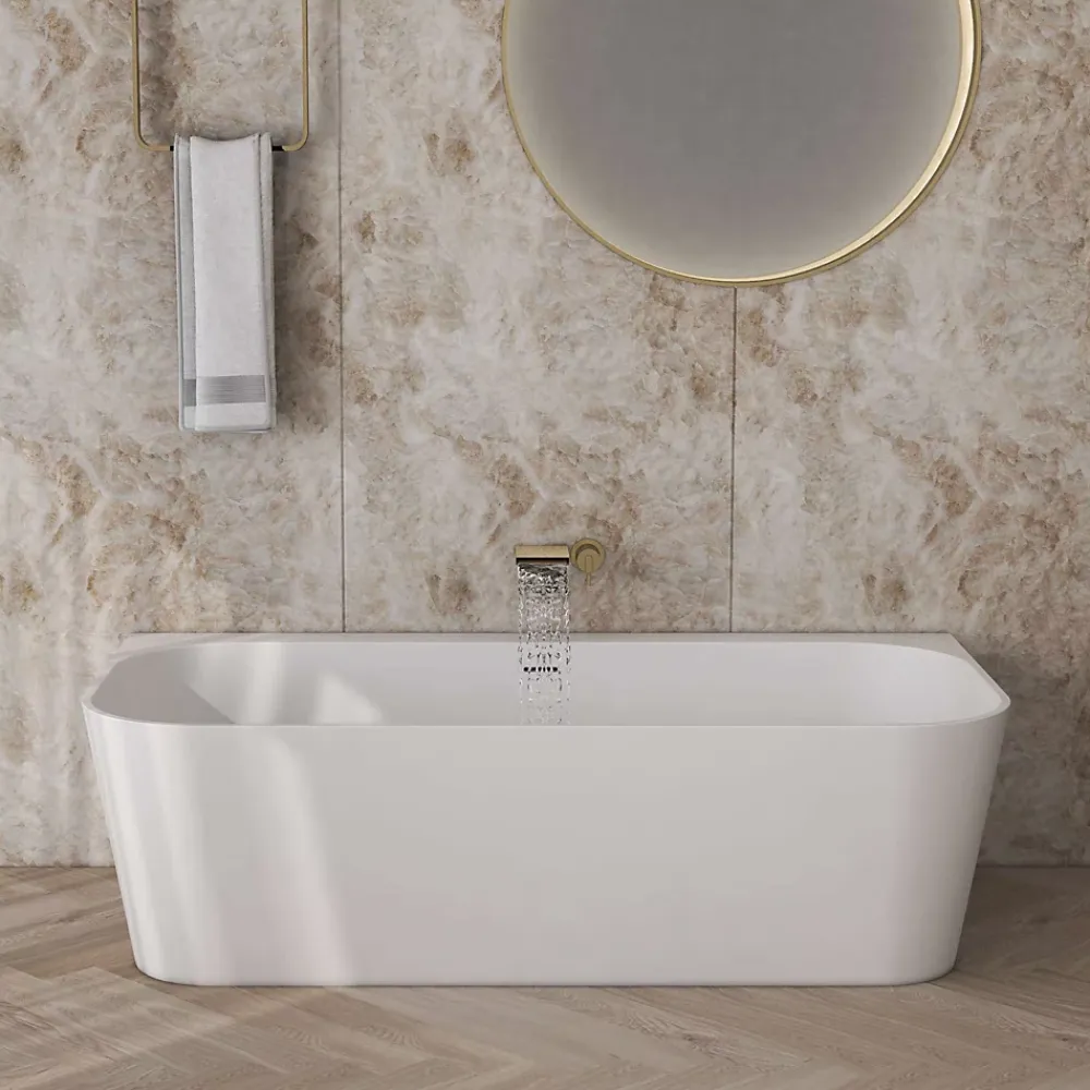 Baignoire Îlot|Poalgi Baignoire semi-ïlot blanche Solid Surface 170x86x50 cm - modèle MIZU