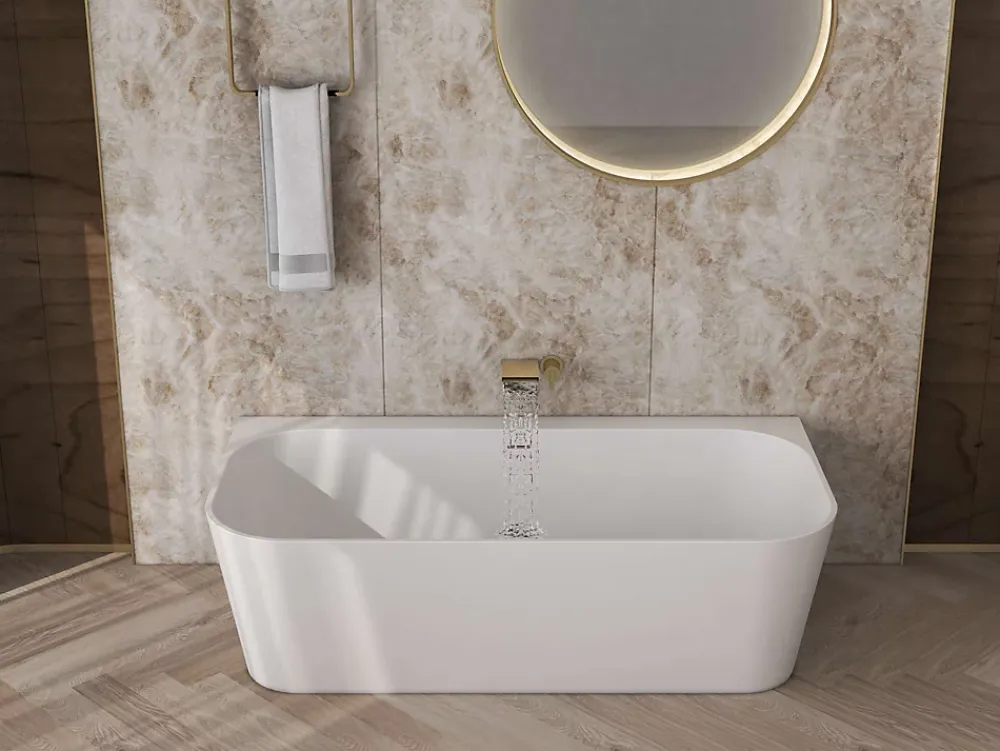 Baignoire Îlot|Poalgi Baignoire semi-ïlot blanche Solid Surface 170x86x50 cm - modèle MIZU