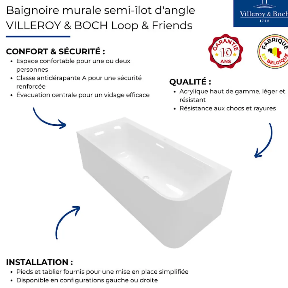 Baignoire D'Angle|Villeroy & Boch Baignoire semi-îlot d'angle Loop & Friends version gauche avec bonde et trop-plein blanc