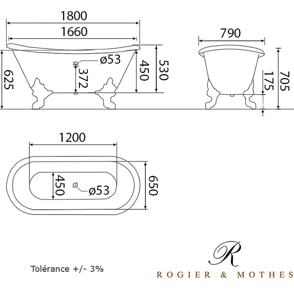 Rogier & Mothes Baignoire sur pieds en fonte BRADFORD Blanche 180 cm Pieds chromes