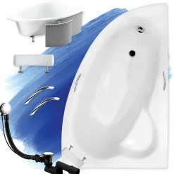 Baignoire D'Angle|Badland Baignoire 150x100 Droite NATALIA PREMIUM acrylique blanc + Habillage en polystyrène +Poignées +Repose Tête +Pieds +Vidage à chromé