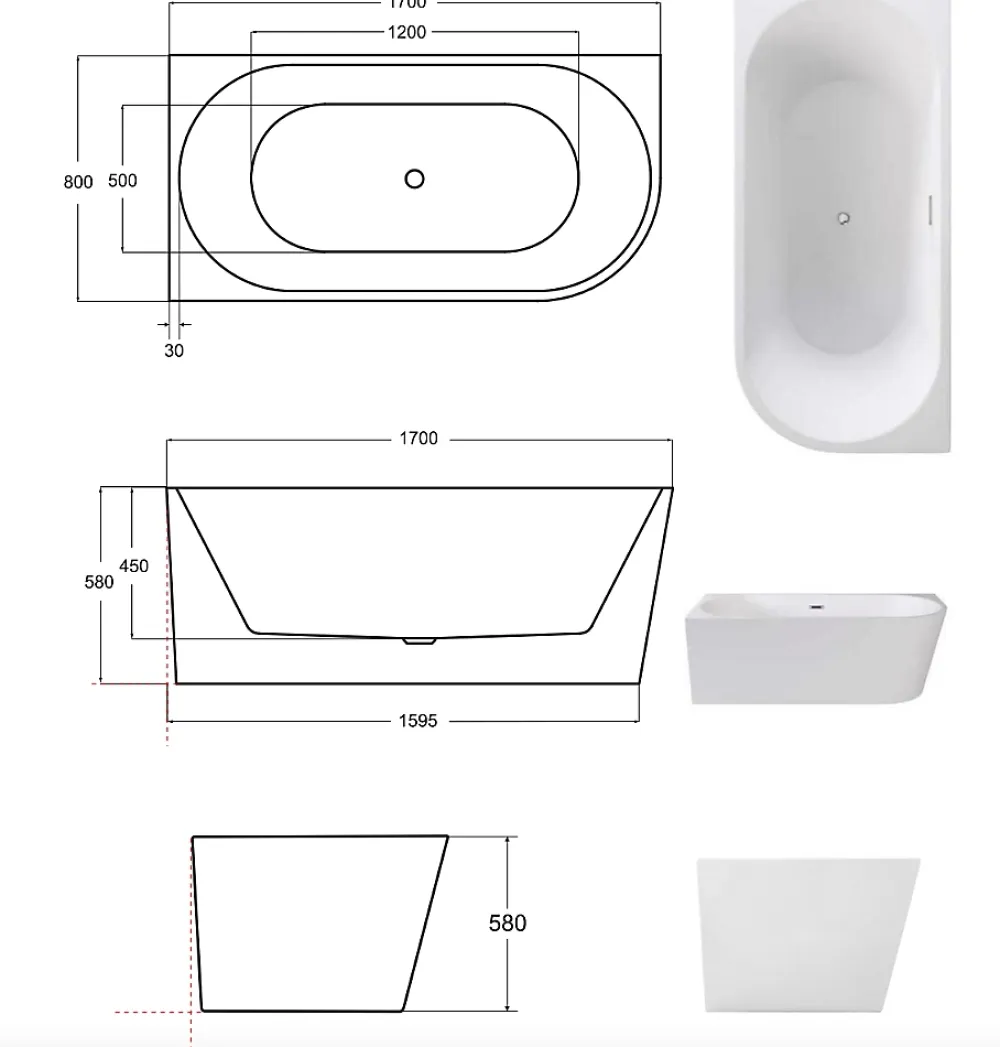 Azura Home Design Baignoire ZOYA angle droit - 170 x 80 cm