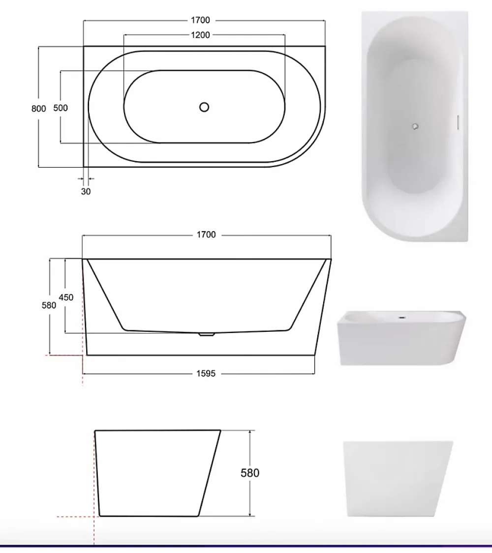 Azura Home Design Baignoire ZOYA angle droit - 170 x 80 cm