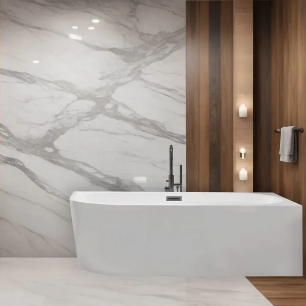 Balneo - baignoire îlot d'angle droite 150x75 cm AVOLA avec cache trop-plein et bonde anthracite