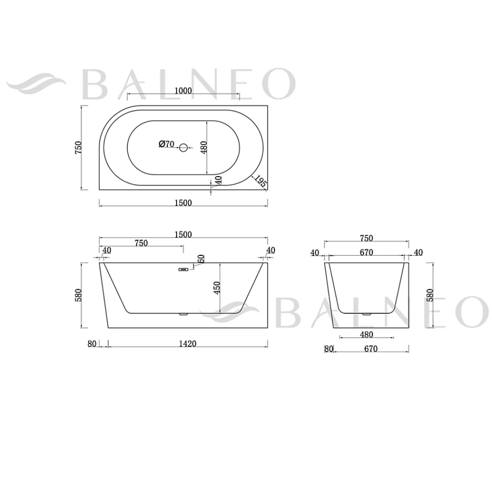 Baignoire Asymétrique|Balneo - baignoire îlot d'angle gauche 150x75 cm AVOLA avec cache trop-plein et bonde anthracite