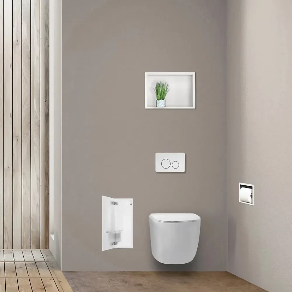 Etagère Salle De Bains|Balneo Armoire encastrée pour brosse WC gauche verre blanc 53,2cm
