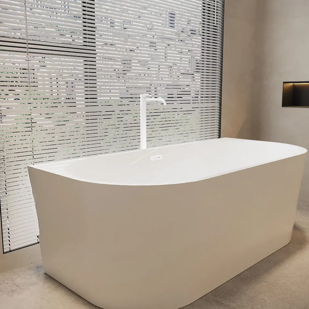 Balneo Baignoire blance semi-îlot Murale 150x75cm, accessoires blanc, Acrylique thermoformé 3.5mm, avec pieds réglables, VIVA