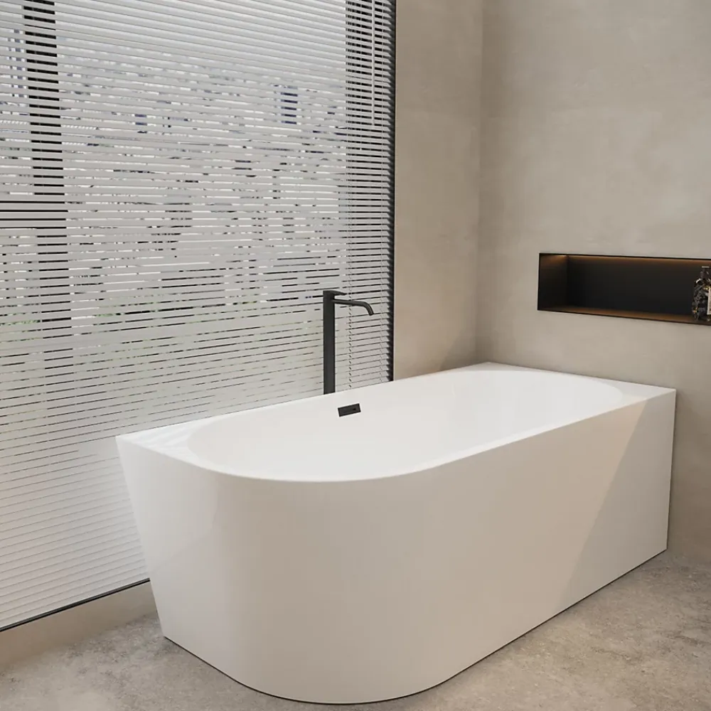 Balneo Baignoire semi-îlot Murale 160x80cm droite, accessoires noir, Acrylique thermoformé 3.5mm, avec pieds réglables, AVOLA