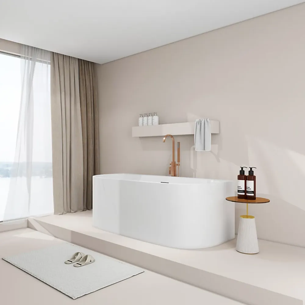 Balneo Baignoire semi-îlot Murale 150x75cm, accessoires inox, Acrylique thermoformé 3.5mm, avec pieds réglables, VIVA