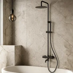 Balneo Système de douche avec pommeau de pluie noir Acier inoxydable - Mitigeur de douche avec douchette CASCADE
