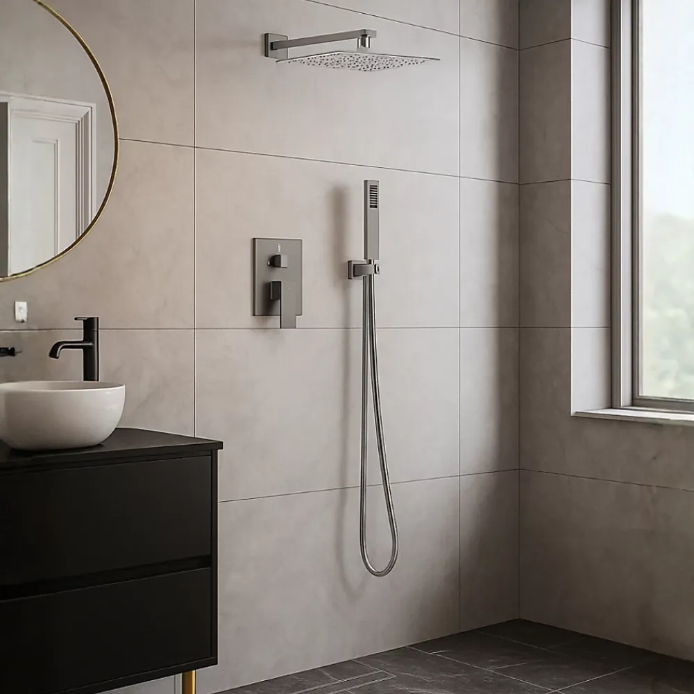Balneo Système de douche avec pommeau de pluie GUN METAL gris foncé Acier inoxydable - Mitigeur de douche avec douchette CASCADE