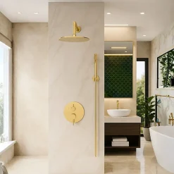 Balneo Système de douche avec pommeau de pluie or brillant Acier inoxydable - Mitigeur de douche avec douchette CASCADE