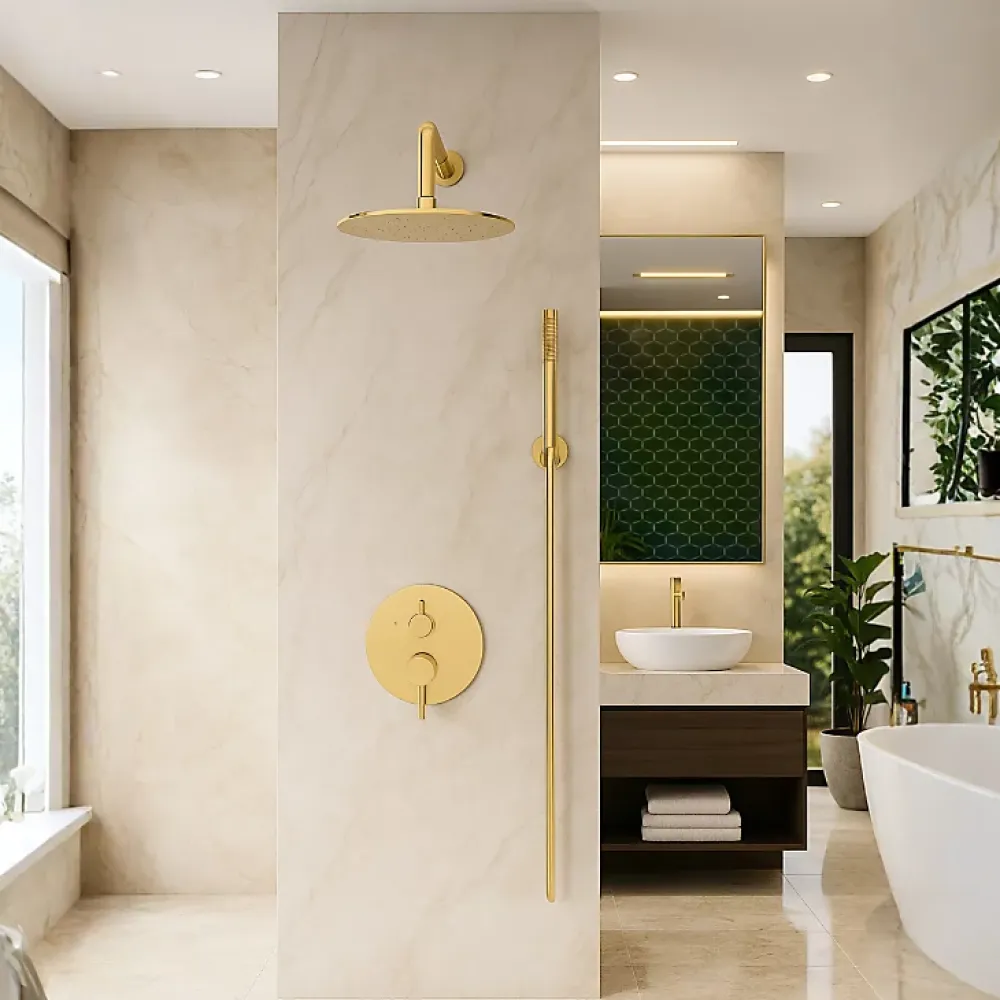 Balneo Système de douche avec pommeau de pluie or brillant Acier inoxydable - Mitigeur de douche avec douchette CASCADE